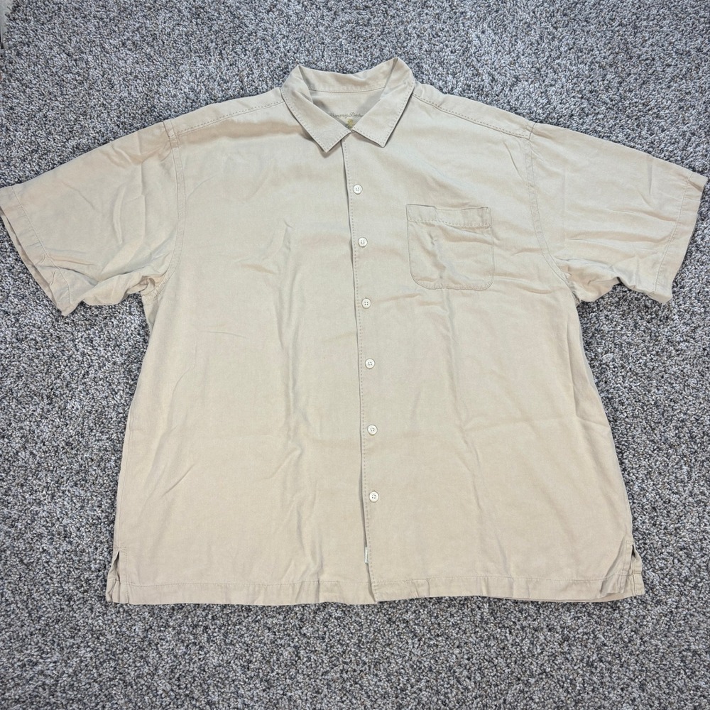 Tommy Bahama Men's XL Tall Tan 100% Silk Short Sleeve Button Down Camp Shirt